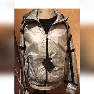 MCM Women's Holographic Silver & Black Hooded Parachute Bomber Jacket - Size 42